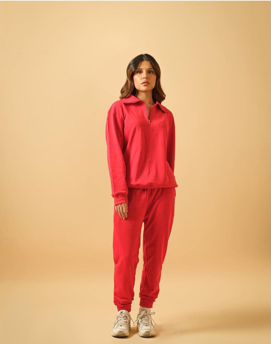 Women Red Comfort Haven: Premium Quality Collared Sweatshirt with Matching Warm Pajama Set