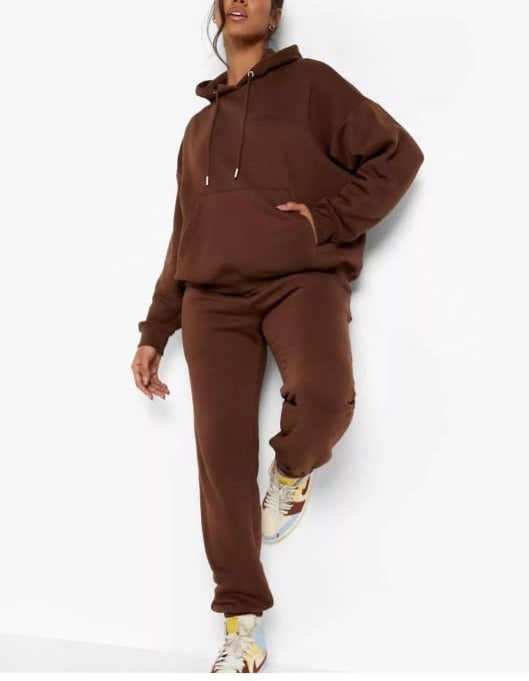 Rich Brown Duo: High-Quality Plain Pajama and Soft Warm Sweatshirt in Matching Brown - Women