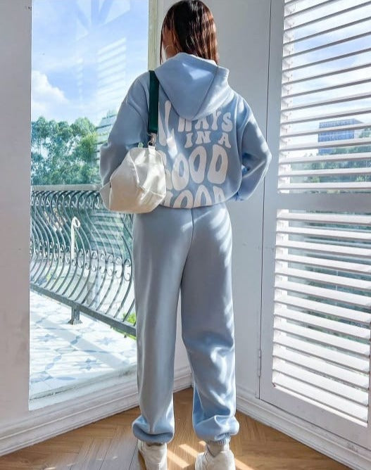 Sky Blue Printed Back Pullover Hoodie and Pajama Set - High-Quality Comfort and Style